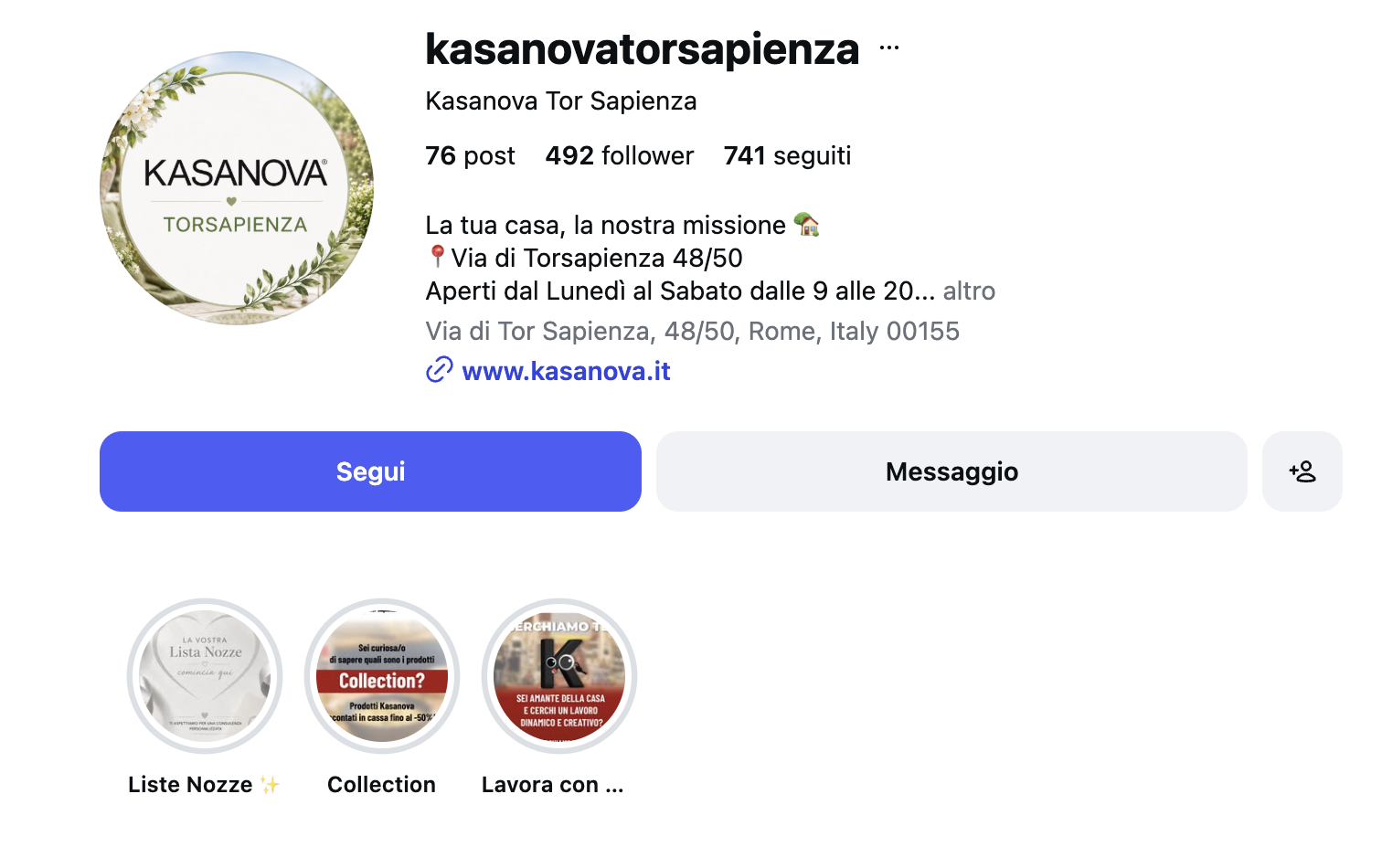 Profilo Instagram Kasanova con storie in evidenza disordinate